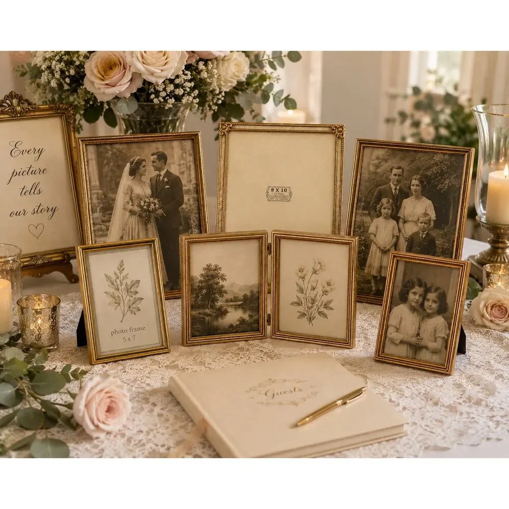 6 Gold Tone Vintage Style Tabletop Picture Frames